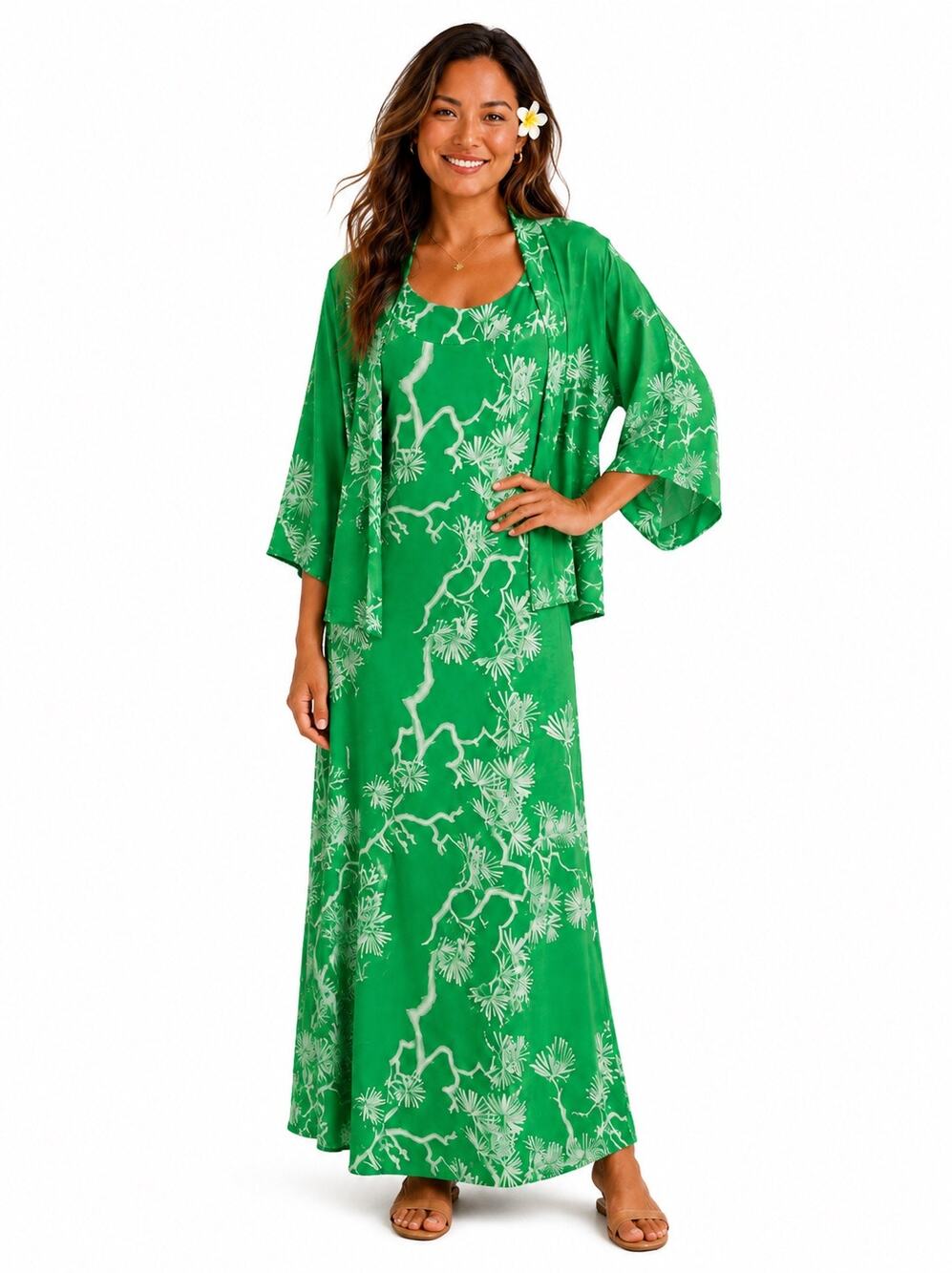 Vintage 2pc Kiyomi Liberty House Hawaii Dress & Jacket Top Green Maxi Small
